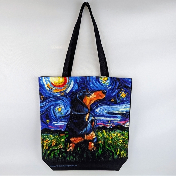 Tote Bag Black Tan Dachshund Night By Aja Trier Poly Poplin Multicolor Print NWT - Picture 1 of 9
